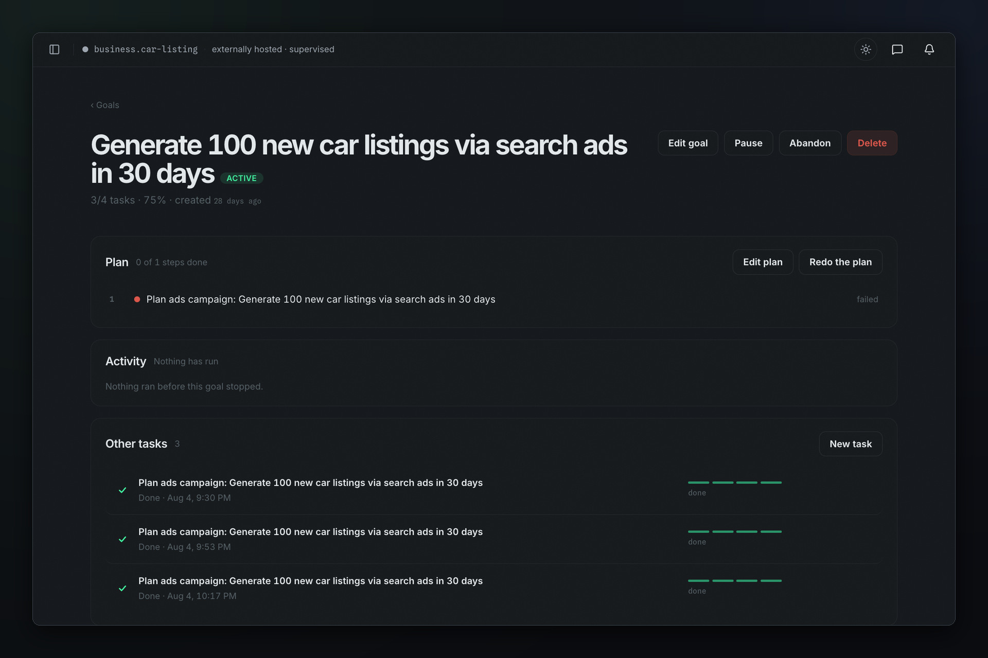 An advertising goal in Solo, reading "Generate 100 new car listings via search ads in 30 days", with its plan, its progress at three of four tasks, and one plan step marked failed