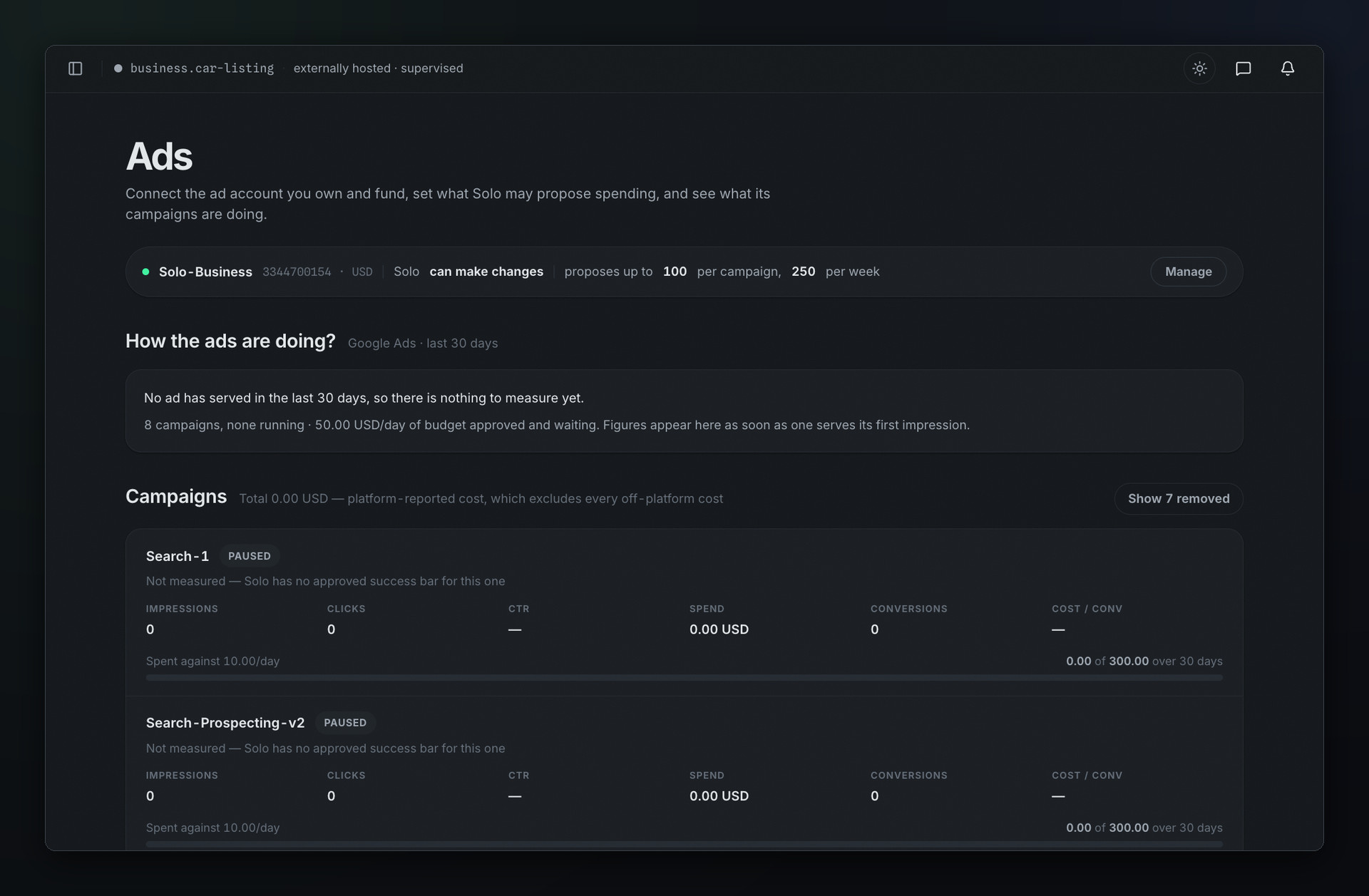 Solo's ads view, showing a connected Google Ads account with a per-campaign and per-week spending ceiling, and a list of campaigns with impressions, clicks, spend and conversions