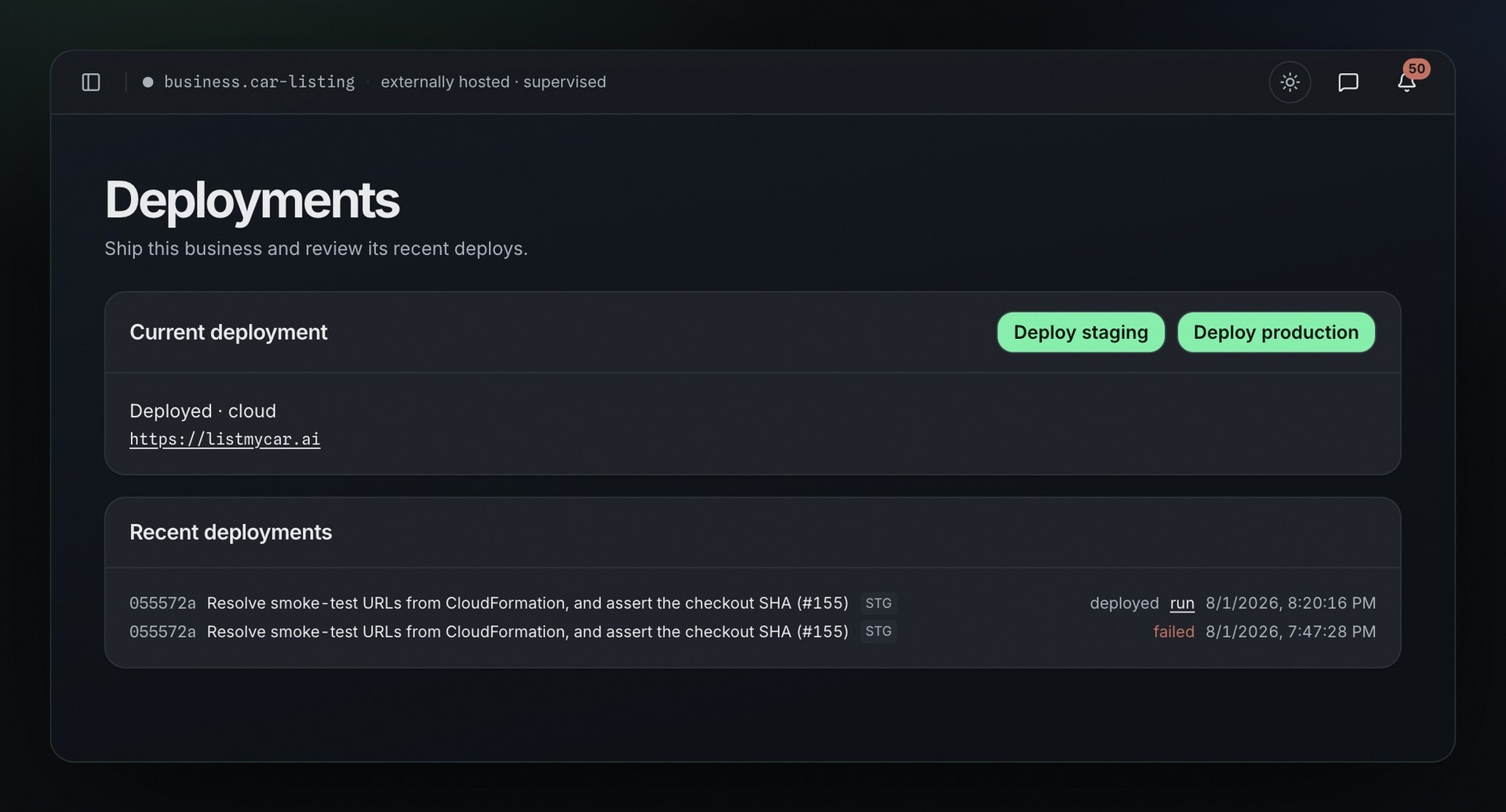 Solo's deployments view for car-listing, showing a successful deployment and a failed attempt for the same commit