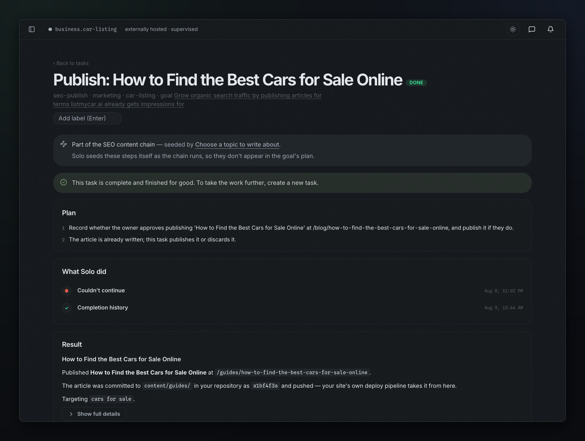 A completed publish task in Solo, showing the plan it followed, its completion history, and a result naming the published article, the path it went live at, and the commit it was pushed as